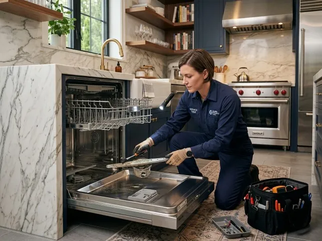 Appliance Repair Hero technician servicing a built-in dishwasher in a Belvedere Tiburon, CA kitchen