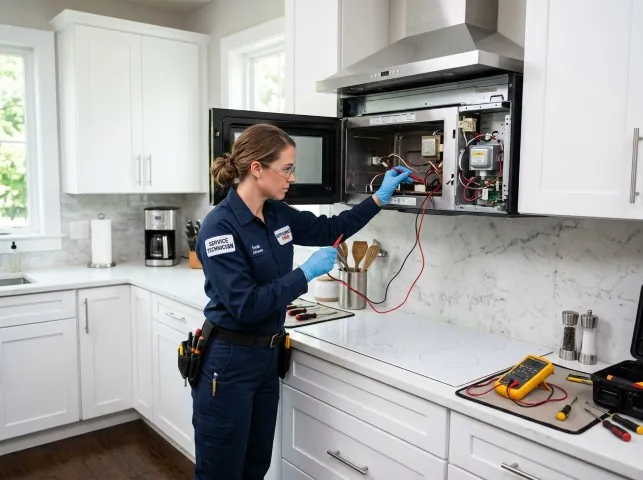 Appliance Repair Hero technician testing an over-the-range microwave in a Belvedere Tiburon, CA kitchen