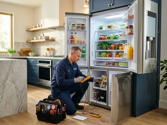 Appliance Repair Hero refrigerator technician testing a fridge on a Belvedere Tiburon, CA service call